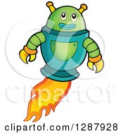 Poster, Art Print Of Green Robot Flying With A Flame Trail