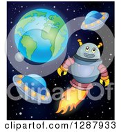 Poster, Art Print Of Robot Flying With Ufos In Outer Space