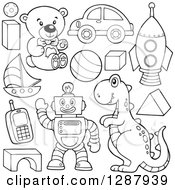 Poster, Art Print Of Black And White Shapes Balls Robots And Toys
