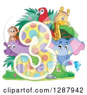 Poster, Art Print Of Colorful Number Three With A Cute Monkey Elephant Giraffe Parrot And Hippo