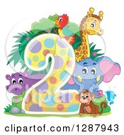 Poster, Art Print Of Colorful Number Two With A Cute Monkey Elephant Giraffe Parrot And Hippo