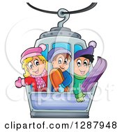 Poster, Art Print Of Happy Caucasian Children Riding In A Ski Lift