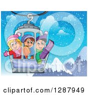 Poster, Art Print Of Happy Caucasian Children Riding In A Ski Lift Over Snowy Mountains