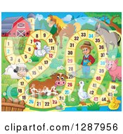Poster, Art Print Of Numbered Board Game With A Farmer And Animals