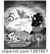 Poster, Art Print Of Grayscale Candle By A Skeleton Emerging From A Coffin In A Cemetery By A Haunted House Full Moon And Bats