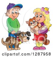 Poster, Art Print Of Happy Caucasian Boy And Girl With Their Pet Dog And Cat