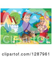 Poster, Art Print Of Happy Caucasian Boy And Girl With Their Pet Dog And Cat In A Park