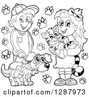 Poster, Art Print Of Black And White Happy Boy And Girl With Their Pet Dog And Cat With Paw Prints