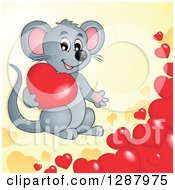 Poster, Art Print Of Cute Gray Mouse With Valentine Hearts Over Yellow