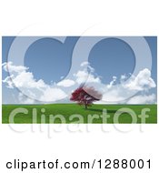 3d Red Maple Tree In A Green Hilly Landscape With Blue Sky And Clouds