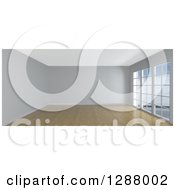 3d Empty White Room Interior With Floor To Ceiling Windows And Wood Flooring