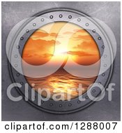 3d Metal Porthole With A View Of An Orange Ocean Sunset