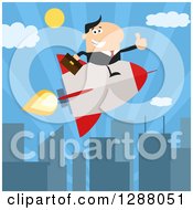 Poster, Art Print Of Modern Flat Design Of A White Businessman Holding A Thumb Up And Flying In A Rocket Over A City