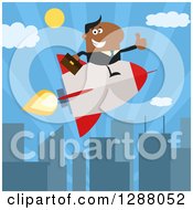 Poster, Art Print Of Modern Flat Design Of A Black Businessman Holding A Thumb Up And Flying In A Rocket Over A City