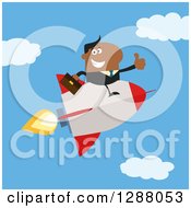 Poster, Art Print Of Modern Flat Design Of A Black Businessman Holding A Thumb Up And Flying In A Rocket Against A Sky
