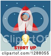 Poster, Art Print Of Modern Flat Design Of A Black Businessman Holding A Thumb Up And Taking Up In A Rocket Over Start Up Text
