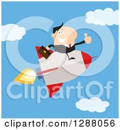 Poster, Art Print Of Modern Flat Design Of A White Businessman Holding A Thumb Up And Flying In A Rocket Against A Sky
