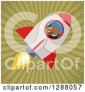 Poster, Art Print Of Modern Flat Design Of A Black Businessman Holding A Thumb Up And Flying In A Rocket Over Grungy Green Rays And Halftone