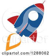 Poster, Art Print Of Modern Flat Design Of A Blue Red And White Rocket With An Orange Trail