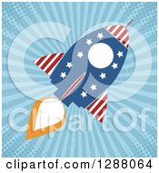Poster, Art Print Of Modern Flat Design Of An American Rocket Over Blue Grungy Rays And Halftone