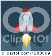 Clipart Of A Modern Flat Design Of A Red And Metal Rocket Taking Off Over Dark Blue Royalty Free Vector Illustration by Hit Toon