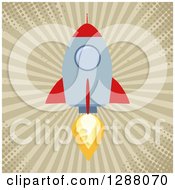 Poster, Art Print Of Modern Flat Design Of A Red And Metal Rocket Taking Off Over Grungy Halftone And Rays