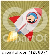 Clipart Of A Modern Flat Design Of A White Businessman Holding A Thumb Up And Flying In A Rocket Over Grungy Green Rays And Halftone Royalty Free Vector Illustration by Hit Toon