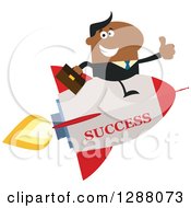 Poster, Art Print Of Modern Flat Design Of A Black Businessman Holding A Thumb Up And Flying On A Success Rocket