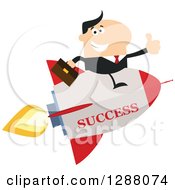 Poster, Art Print Of Modern Flat Design Of A White Businessman Holding A Thumb Up And Flying On A Success Rocket