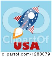 Poster, Art Print Of Modern Flat Design Of An American Rocket With Usa Text Over Blue
