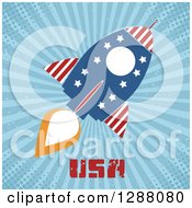 Clipart Of A Modern Flat Design Of An American Rocket With USA Text Over Blue Grungy Rays And Halftone Royalty Free Vector Illustration