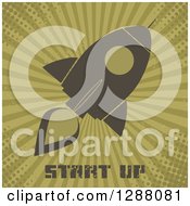 Clipart Of A Modern Flat Design Of A Rocket Over Start Up Text On Green Grungy Rays And Halftone Royalty Free Vector Illustration