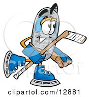 Poster, Art Print Of Wireless Cellular Telephone Mascot Cartoon Character Playing Ice Hockey