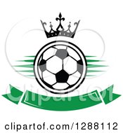 Poster, Art Print Of Crown Over A Black And White Soccer Ball With Green Marks And A Blank Banner