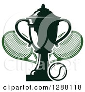 Clipart Of A Black And White Tennis Ball And Trophy Over Green Crossed Rackets Royalty Free Vector Illustration