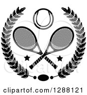 Clipart Of A Black And White Wreath With Stars Crossed Tennis Rackets And A Ball Royalty Free Vector Illustration