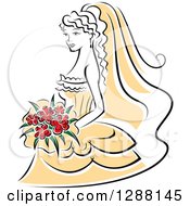 Poster, Art Print Of Sketched Black And White Bride With Red Flowers And A Yellow Dress