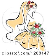 Poster, Art Print Of Sketched Black And White Bride With Blond Hair Red Flowers And A Yellow Dress
