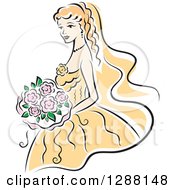 Poster, Art Print Of Sketched Blond Caucasian Bride With Pink Flowers And A Yellow Dress