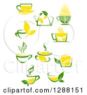 Clipart Of Green And Yellow Tea Cups And Pots With Leaves 4 Royalty Free Vector Illustration