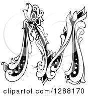 Clipart Of A Black And White Vintage Floral Capital Letter M Royalty Free Vector Illustration