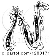 Clipart Of A Black And White Vintage Floral Capital Letter N Royalty Free Vector Illustration