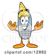 Poster, Art Print Of Wireless Cellular Telephone Mascot Cartoon Character Wearing A Birthday Party Hat