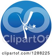 Clipart Of A White Break Dancer Doing A Cartwheel With A Star In A Round Blue Icon Royalty Free Vector Illustration