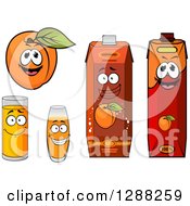 Poster, Art Print Of Happy Apricot Character With Juice Glasses And Cartons