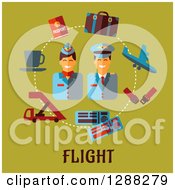 Stewardess And Pilot Encircled With Flat Modern Icons Over Flight Text On Green