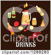Poster, Art Print Of Juice Beer Tea Soda Cocktail And Mineral Water Circling A Pitcher And Fruit Over Drinks Text On Brown