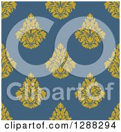 Poster, Art Print Of Seamless Background Design Pattern Of Yellow Damask Over Blue
