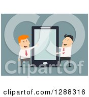 Clipart Of Flat Modern Design Styled White Business Men Presenting A Giant Tablet Computer Over Blue Royalty Free Vector Illustration by Vector Tradition SM