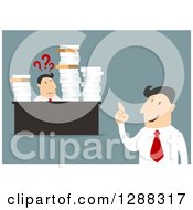 Poster, Art Print Of Flat Modern Design Styled White Businessman Talking To A Confused Worker Bombarded With Paperwork Over Blue
